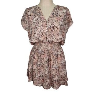Rails Karla Watercolor Snake Smocked Waist Tiered Mini Dress Pink Neutral Large